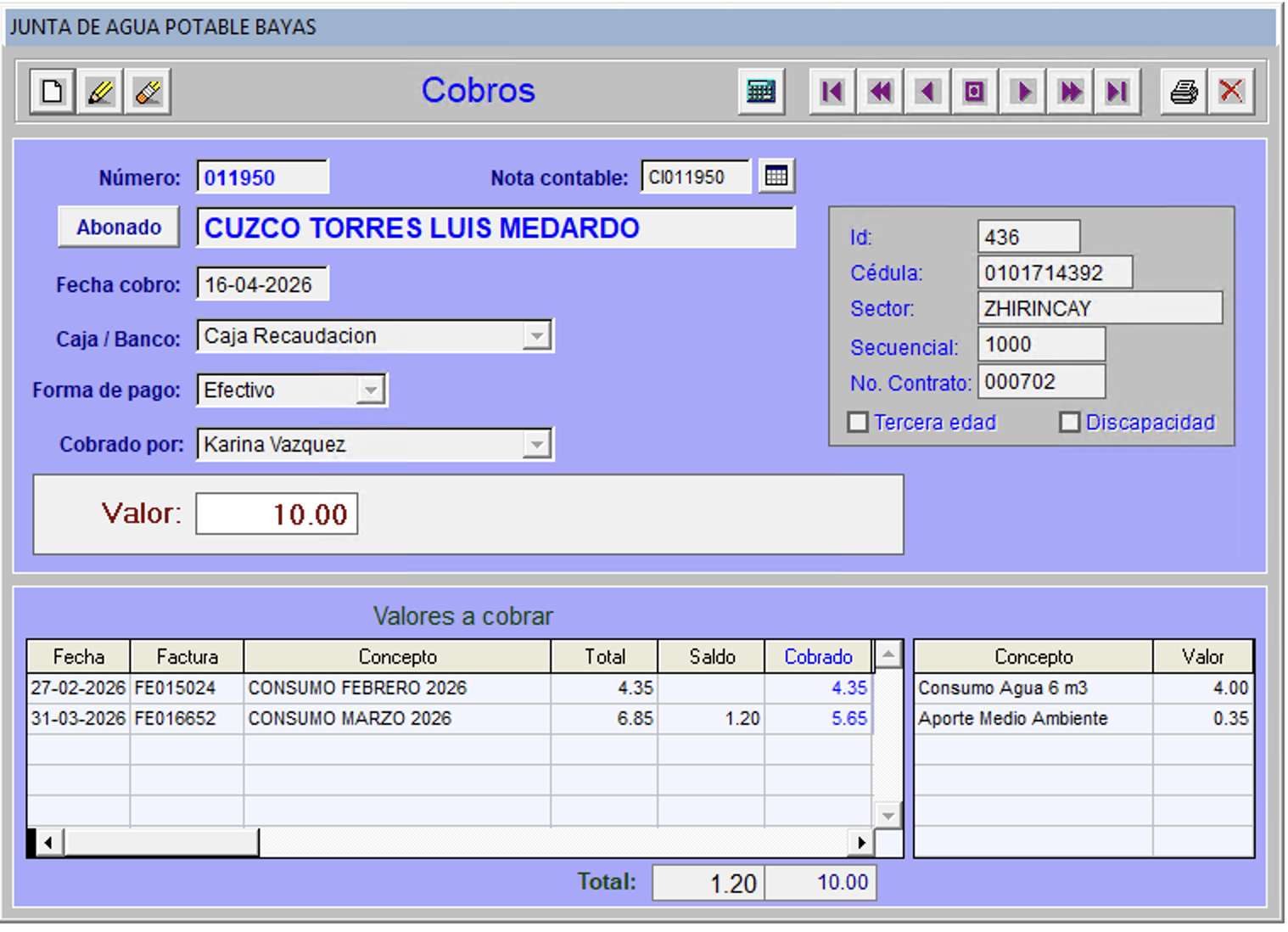 Pantalla original de cobros